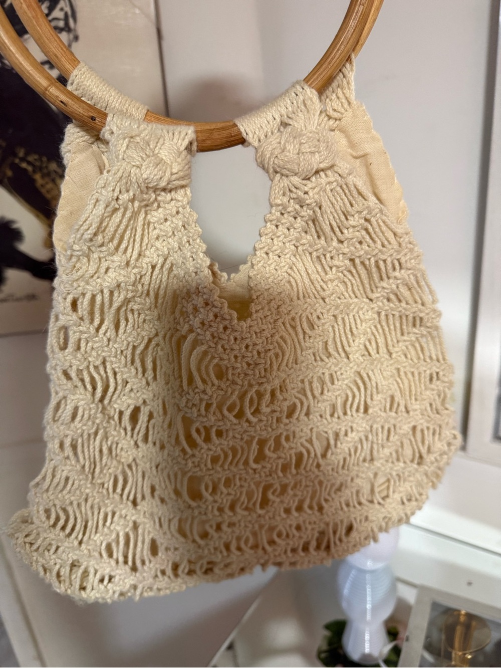 NEST Fragrances Cream Crochet Bamboo Ring Shoulder Bag